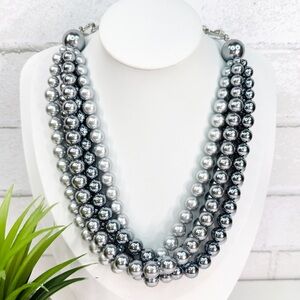SOLD Vintage Shades of Steel Blue Glass Faux Pearl Five Strand Layered Necklace
